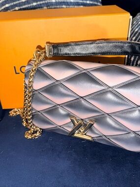 Louis Vuitton Metallic Quilted Shoulder Bag with Gold Chain and LV Logo